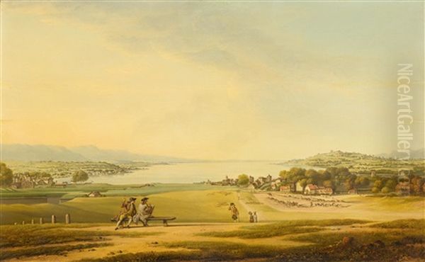 View Of Lake Geneva Eaux Vives Et Cologny Vus Des Tranchees, A Gauche La Porte De Rive Et La Tour Maitresse.. Circa Oil Painting by Simon Malgo