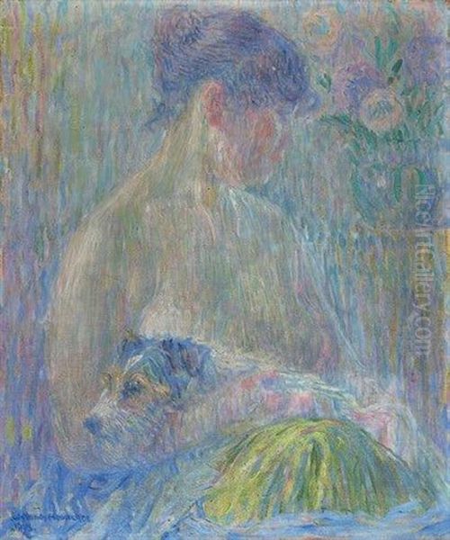 Femme Assise Un Petit Chien Sur Les Genoux Oil Painting by William Malherbe