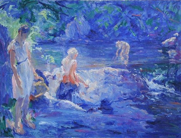 Three Girls Bathing At A Pool Oil Painting by William Malherbe