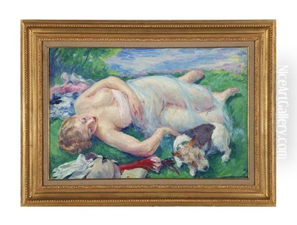 Reclining Nude With Her Dog Oil Painting by William Malherbe