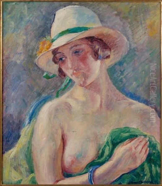 Jeune Femme Au Chapeau Fleuri Oil Painting by William Malherbe