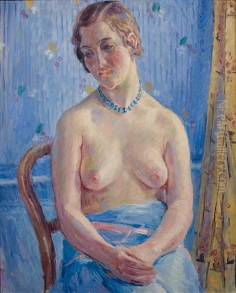 Jeune Femme Assise Au Collier Bleu Oil Painting by William Malherbe