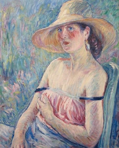 Portrait De Jeune Femme Au Grand Chapeau Oil Painting by William Malherbe