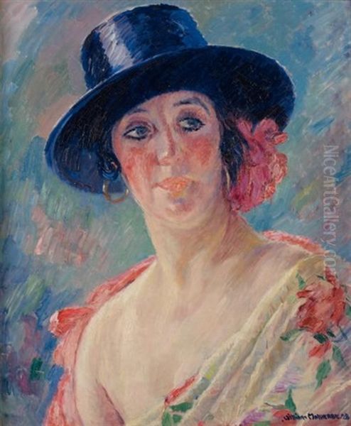 Chanteuse D'opera Au Chapeau Noir (portrait D'yvonne Gall ?) Oil Painting by William Malherbe