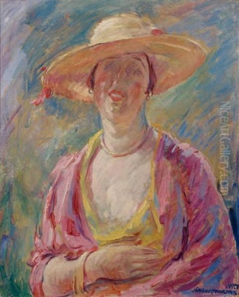 Portrait De Femme Au Chapeau De Paille Oil Painting by William Malherbe