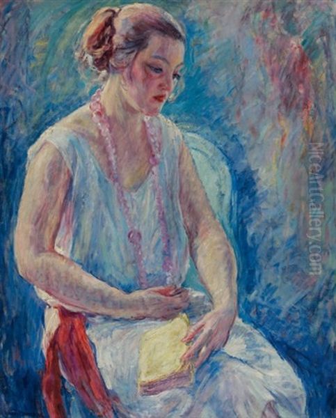 Girl With Pink Beads Oil Painting by William Malherbe