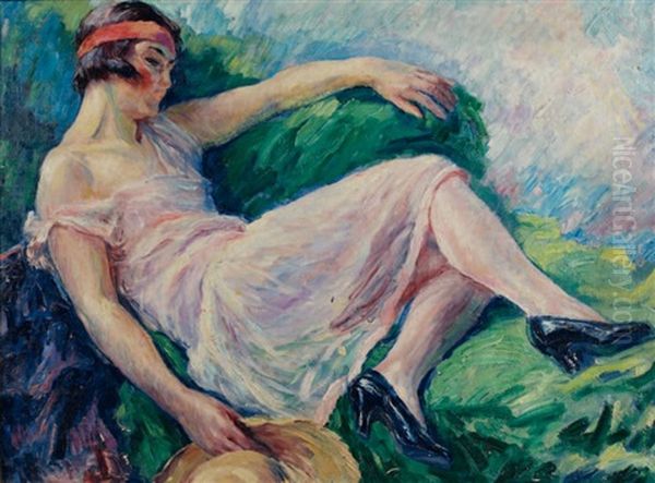 Femme Au Bandeau Rouge Oil Painting by William Malherbe