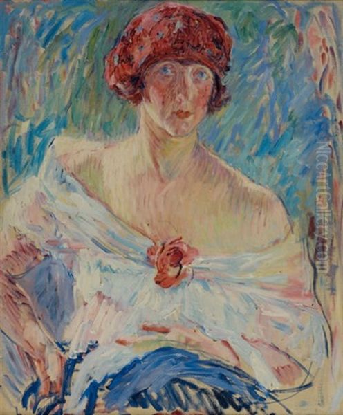 Portrait De Femme Au Chapeau Rouge Oil Painting by William Malherbe