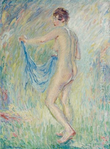 Nude Holding Blue Dress Oil Painting by William Malherbe