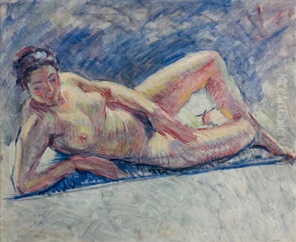 Nu Allonge Sur Une Serviette Bleue Oil Painting by William Malherbe