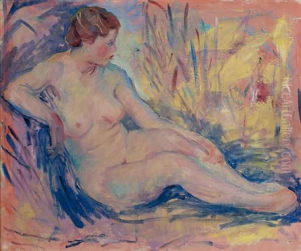 Femme Nue Allongee De Profil (toile Fond A Dominante Rose) Oil Painting by William Malherbe