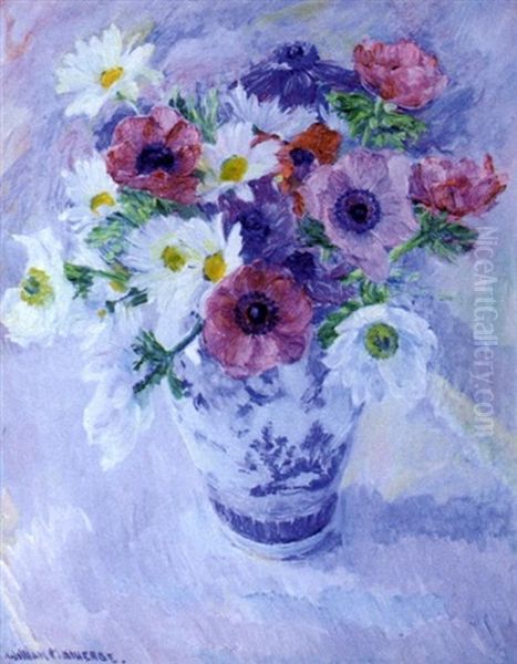 Still Life Of Flowers In A Blue And White Vase by William Malherbe