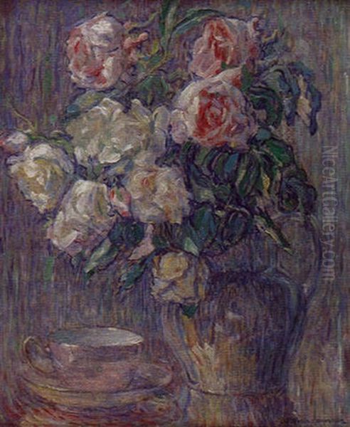 Bouquet De Roses Et Tasse Oil Painting by William Malherbe