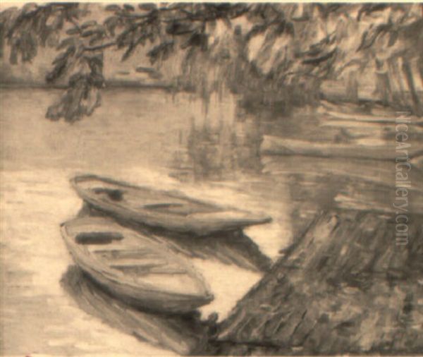 Barques Sous Les Feuillages, Cressy Oil Painting by William Malherbe