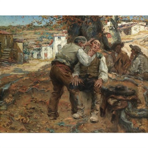 O Barbeiro Da Aldeia - A Close Shave Oil Painting by Jose Vital Branco Malhoa