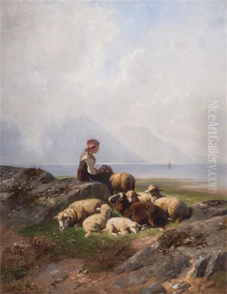 Rastende Schaferin Mit Ihrer Herde Am Chiemsee Oil Painting by Christian Friedrich Mali