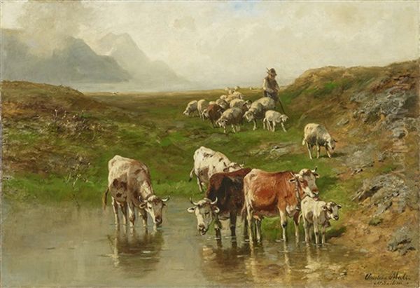 Cows And Sheep At The Shore Oil Painting by Christian Friedrich Mali