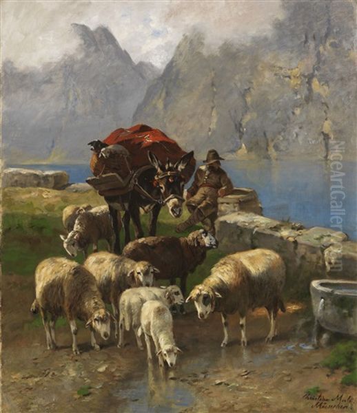 Schafe Und Hirte An Einem Hochgebirgssee Oil Painting by Christian Friedrich Mali