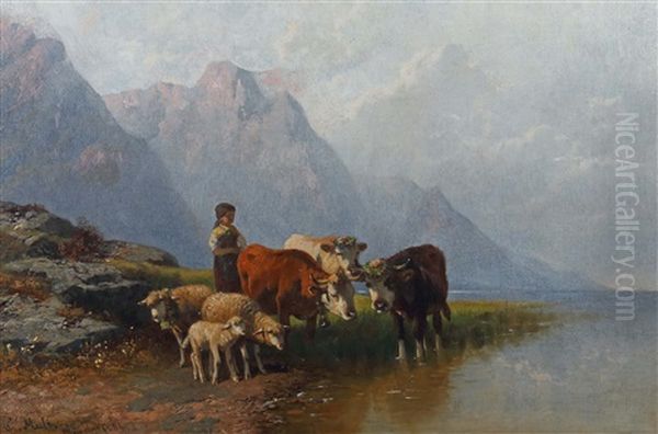 Hirtin Mit Kuhen Und Schafen An Einem Seeufer In Den Alpen Oil Painting by Christian Friedrich Mali