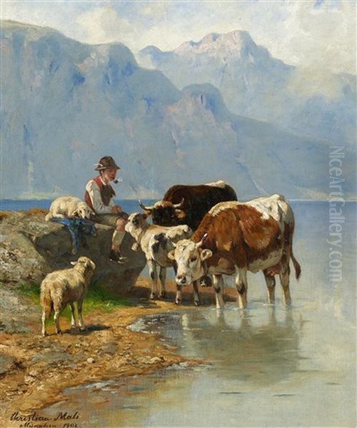 Hutebub Mit Kuhen Und Schafen Am Bergsee Oil Painting by Christian Friedrich Mali