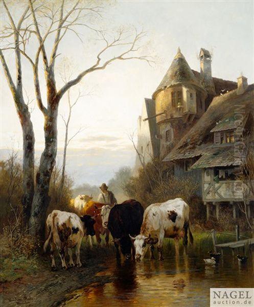 Kuhe An Der Viehtranke Am Dorfrand Oil Painting by Christian Friedrich Mali