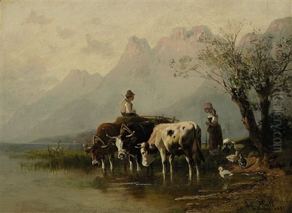 Hirtin Und Bauernbub Auf Heuwagen Am Wasser Oil Painting by Christian Friedrich Mali