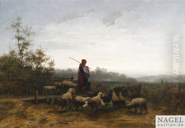 Heimkehrende Schafhirtin In Abendlicher Landschaft Oil Painting by Christian Friedrich Mali