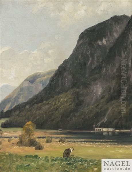 Vor Machtigem Bergmassiv, Sommerliche Landschaft Mit Badesee, Im Vordergrund Bauerin Oil Painting by Christian Friedrich Mali