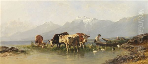 Bauer Und Bauerin Mit Gansen Und Kuhen Am Achensee Oil Painting by Christian Friedrich Mali