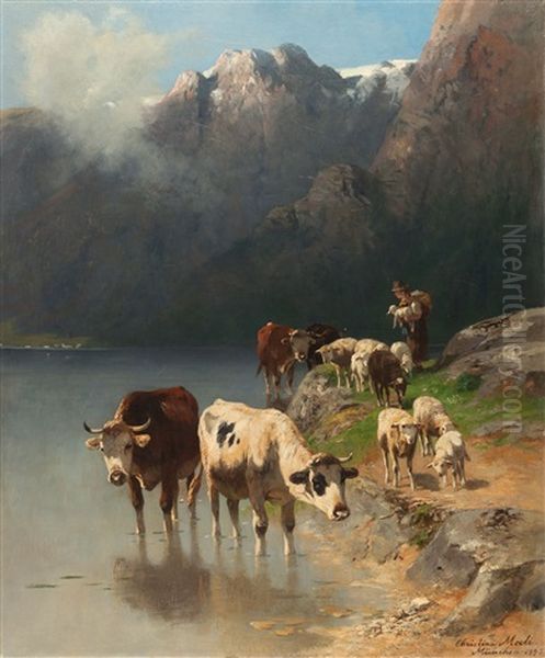 Hutejunge Mit Kuhen Und Schafen An Einem Gebirgssee Oil Painting by Christian Friedrich Mali