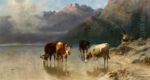 A Cowherd On The Banks Of Achen Lake Oil Painting by Christian Friedrich Mali