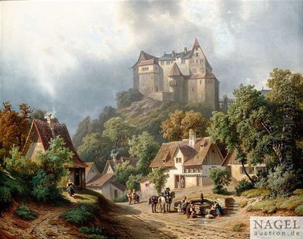 Idylll Auf Der Dorfstrase, Im Hintergrund Die Burg Rechberg Oil Painting by Christian Friedrich Mali