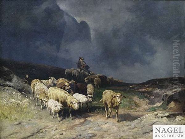 Flock Of Sheep With Herdsman In A Thunder Storm Cloudy Landscape Oil Painting by Christian Friedrich Mali