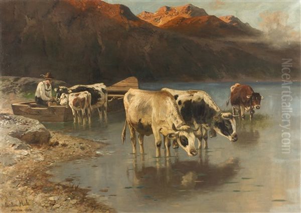 Hutejunge Mit Rindern Am Ufer Eines Gebirgssees Oil Painting by Christian Friedrich Mali