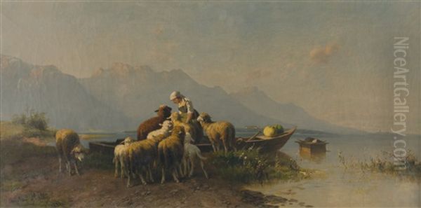 Hirtin Mit Schafen Am Abendlichen Chiemsee Oil Painting by Christian Friedrich Mali