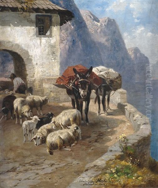 Rast An Der Ponale-strasse Am Gardasee Oil Painting by Christian Friedrich Mali