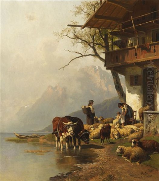 Ruhende Schafherde Vor Dem Haus Am Bergsee Oil Painting by Christian Friedrich Mali