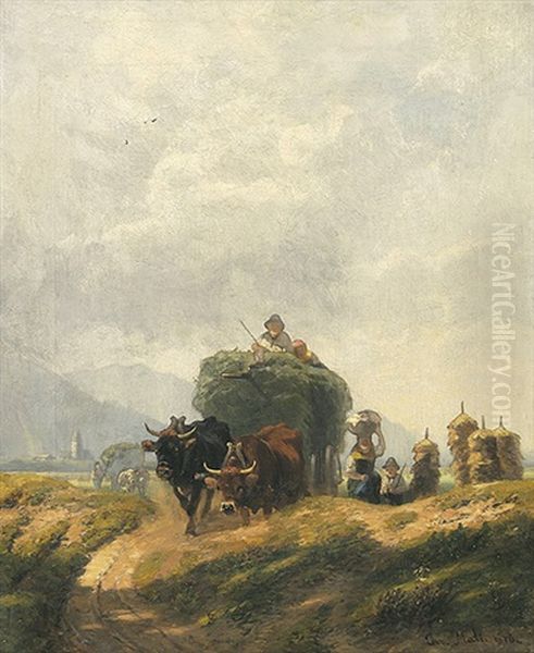 Heuernte Am Chiemsee, Im Hintergrund Die Fraueninsel Oil Painting by Christian Friedrich Mali