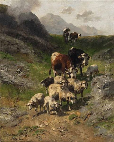 Schafe Und Rinder Im Hochgebirge Oil Painting by Christian Friedrich Mali