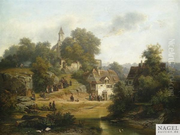 Bauernhochzeit. Von Der Umfriedeten Kirche Zieht Der Brautzug Zum Gasthaus, Wo Eine Kapelle Das Brautpaar Erwartet Oil Painting by Christian Friedrich Mali