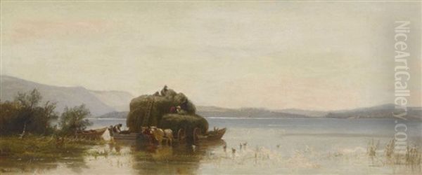 Heuboote Am Ufer Des Chiemsees Oil Painting by Christian Friedrich Mali