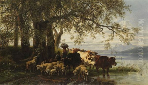 Bauerin Und Hirtenjunge Mit Rinder- Und Schafherde Am Seeufer Oil Painting by Christian Friedrich Mali