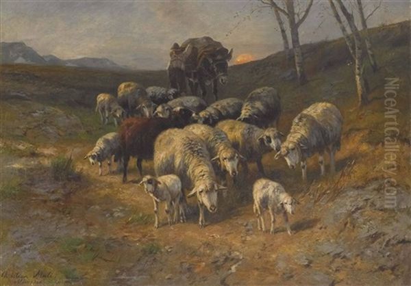 Hirte Mit Schafen Und Maultier Bei Mondaufgang Oil Painting by Christian Friedrich Mali