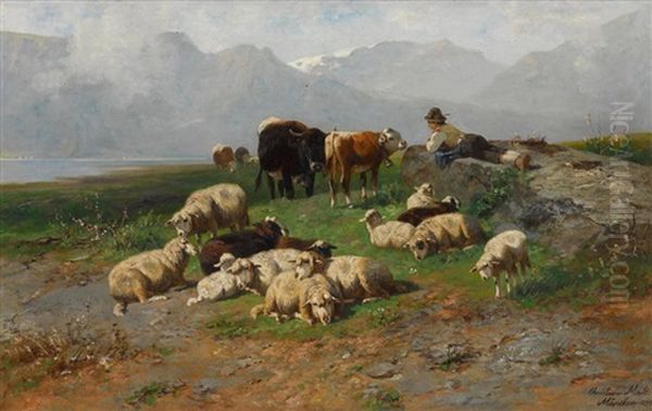 Huterjunge Mit Vieh Am Seeufer Oil Painting by Christian Friedrich Mali