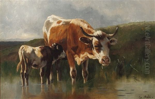 Kuh Mit Kalb An Der Tranke Oil Painting by Christian Friedrich Mali