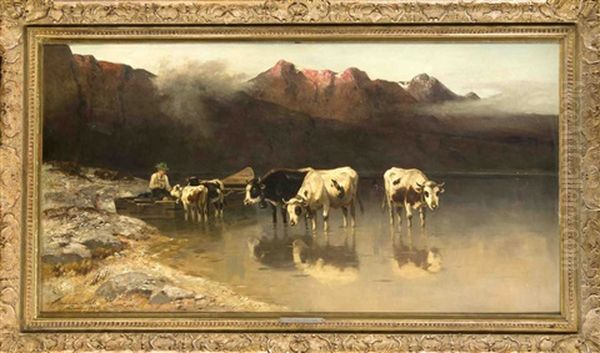 Hirte Auf Einem Kahn Mit Kuhen Am Ufer Eines Gebirgsees Oil Painting by Christian Friedrich Mali