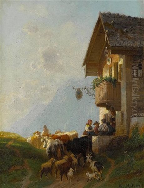 Bauer Mit Vieh Auf Dem Heimweg Vor Dem Gasthaus Oil Painting by Christian Friedrich Mali