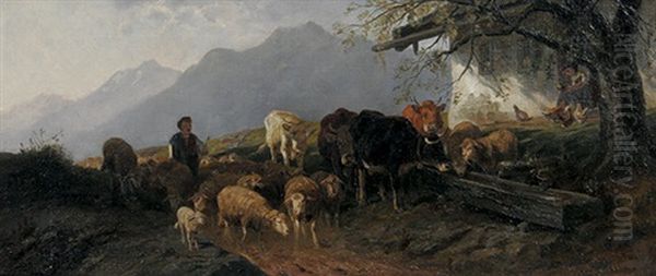 Bergbauernhof Mit Viehherde Und Hirte Oil Painting by Christian Friedrich Mali