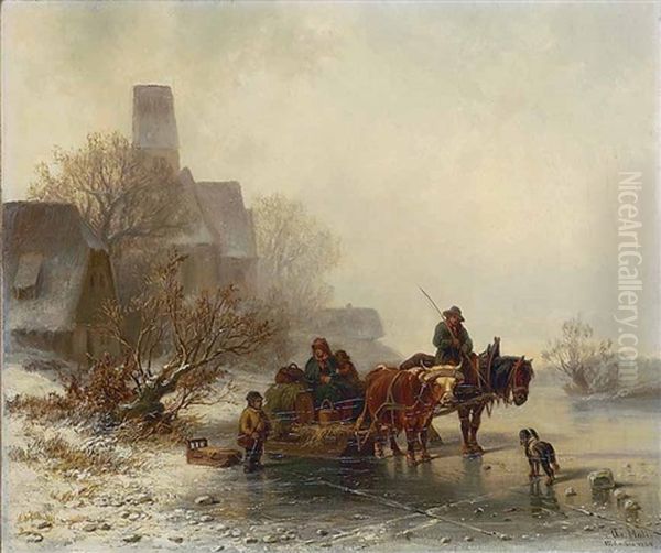 Bauer Mit Fuhrwerk Auf Dem Eis Oil Painting by Christian Friedrich Mali