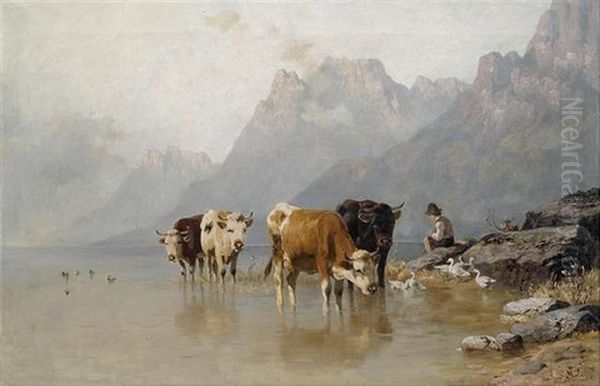 Kuhe Und Ganse Mit Einem Hirten Am Seeufer Oil Painting by Christian Friedrich Mali